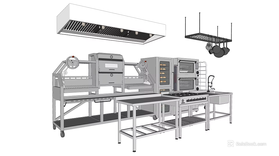 Commercial Kitchen Appliances Setup Including Oven Refrigerator Range Hood Hanging Pot Racks And Worktables 3d model 