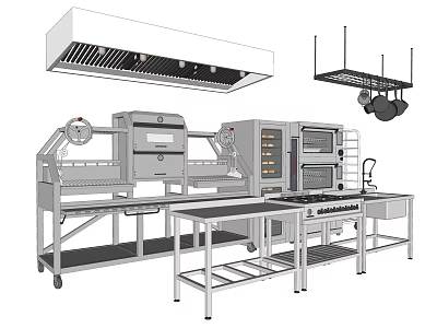 Commercial Kitchen Appliances Setup Including Oven Refrigerator Range Hood Hanging Pot Racks And Worktables 3d model