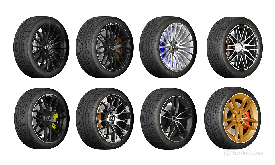 Car Tires With Various Stylish Alloy Wheel Designs And Color Options 3d model 