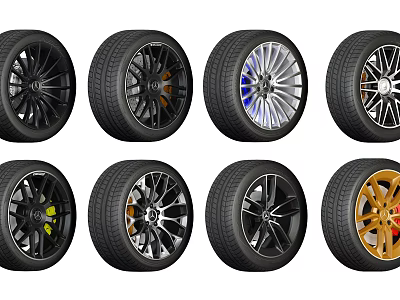 Car Tires With Various Stylish Alloy Wheel Designs And Color Options 3d model