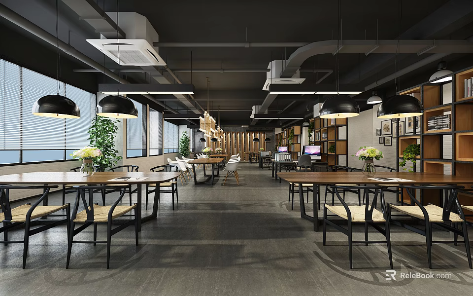 Modern Public Office Space Interior With Open Layout Wooden Tables Hanging Lamps And Green Plants 3d model 