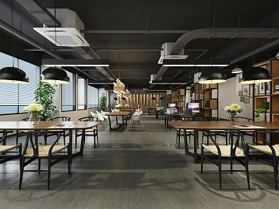 Modern Public Office Space Interior With Open Layout Wooden Tables Hanging Lamps And Green Plants 3d model