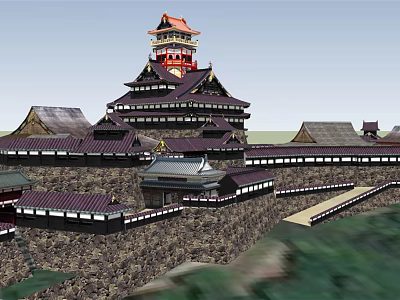 Ancient Traditional Architecture With Multi Tiered Tower Red Roof And City Walls 3d model