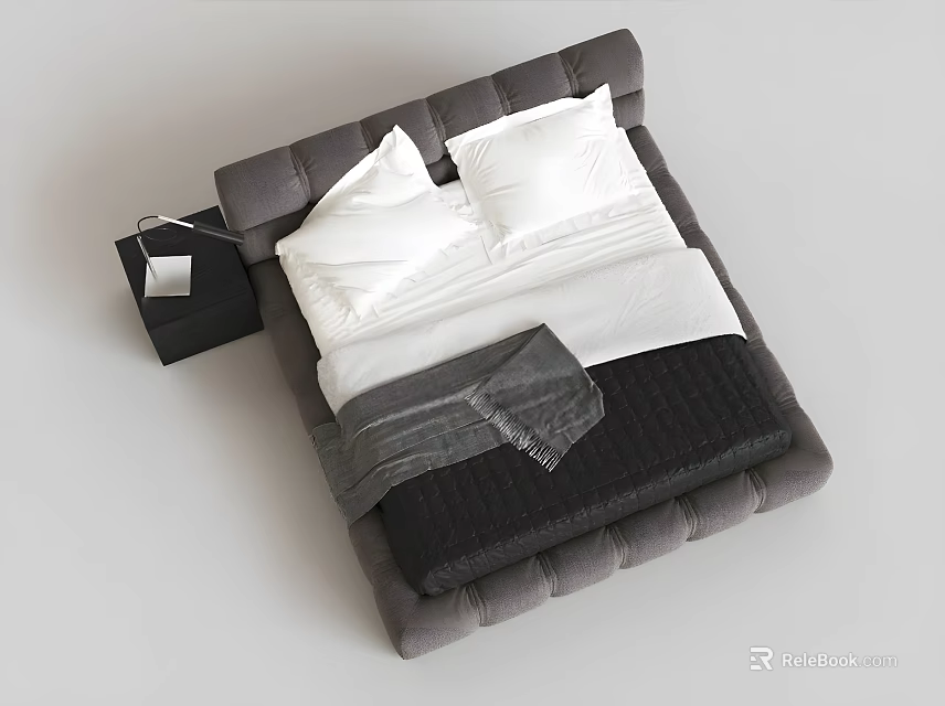 Modern Double Bed Interior With Gray Frame White Bedding Pillows And Black Blanket 3d model