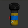 Cylindrical Industrial Structure With Gray Top Black Upper Yellow Blue Bands And Red Tag