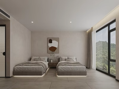 Elegant Modern Hotel Guest Room With Twin Beds Large Windows Natural View And Artwork 3d model