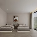 Elegant Modern Hotel Guest Room With Twin Beds Large Windows Natural View And Artwork