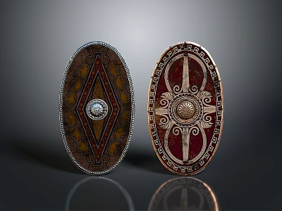 Two Decorative Medieval Shields with Brown Red Diamond Circular Patterns Central Gem Ornate Designs 3d model