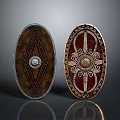 Two Decorative Medieval Shields with Brown Red Diamond Circular Patterns Central Gem Ornate Designs 3d model