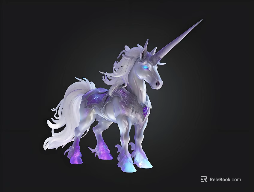 Magical White Unicorn With Flowing Mane Tail Glowing Purple Hooves And Gemstone 3d model 