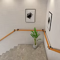 Wooden Stair Railing With Marble Steps Green Plant And Black White Wall Art