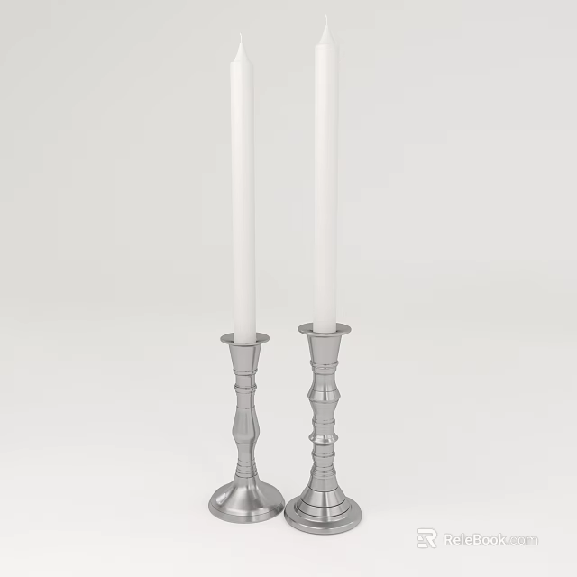 Elegant Silver Candlesticks With White Candles For Home Decoration 3d model
