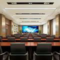 Professional Corporate Conference Room With Long Table Comfortable Chairs Projection Screen Microphones And Lighting