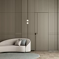 Hinged Door In Modern Interior With Light Brown Wooden Wall Beige Sofa And Pendant Lights