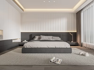 Modern Bedroom Interior Design With Gray Bed White Ribbed Wall And Light Curtains 3d model