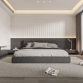 Modern Bedroom Interior Design With Gray Bed White Ribbed Wall And Light Curtains