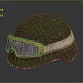 Green Moss Covered Helmet With Attached Goggles Worn And Cracked Design
