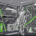 STARWALL Exhibition Space With Green Lines Gray Background And Decorative Structures