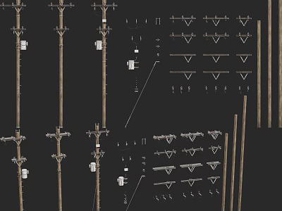 Industrial Power Equipment Featuring Poles Insulators Brackets and Mounting Components 3d model
