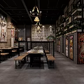 Industrial Style Restaurant Interior With Brick Walls Hanging Lights And Wooden Tables