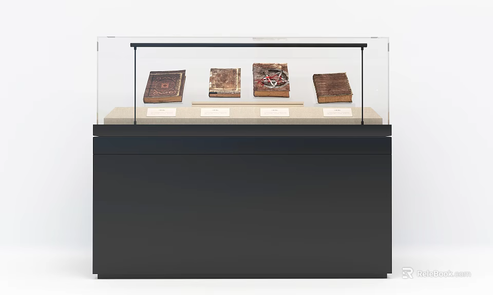 Display Cabinet Shelf with Ancient Books Displayed in Glass Showcase for Museum Exhibition 3d model 