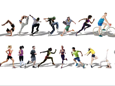 Group of People Engaging in Diverse Physical Activities Including Running Cycling and Yoga 3d model