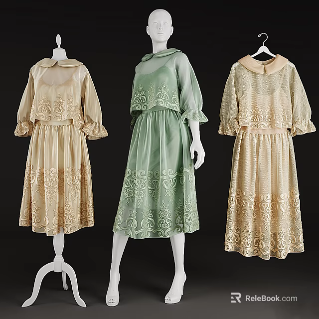 Vintage Women's Dresses With Long Sleeves Beige Green Lace Embroidery Design 3d model 