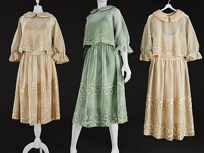 Vintage Women's Dresses With Long Sleeves Beige Green Lace Embroidery Design 3d model