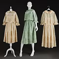 Vintage Women's Dresses With Long Sleeves Beige Green Lace Embroidery Design