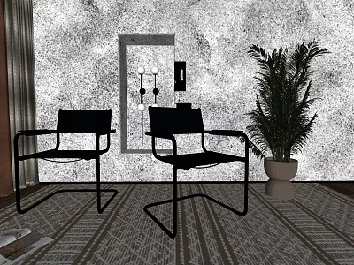Two Modern Leisure Chairs Against Textured Wall With Potted Plant And Patterned Rug 3d model