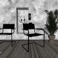 Two Modern Leisure Chairs Against Textured Wall With Potted Plant And Patterned Rug 3d model