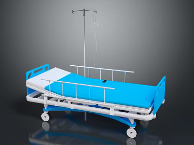 Functional Medical Bed Furniture with Blue Mattress White Frame IV Pole and Wheels 3d model