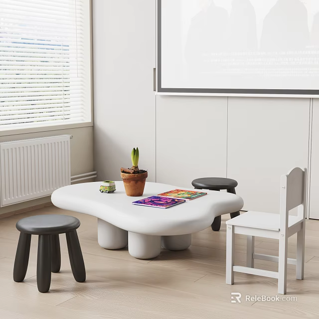 White Children's Table With Unique Shape Black Stools White Chair Colorful Drawing Potted Plant 3d model 