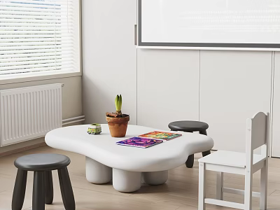 White Children's Table With Unique Shape Black Stools White Chair Colorful Drawing Potted Plant 3d model