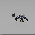 Fantasy Warrior Character With Spiked Helmet Purple Skin Black Armor Orange Boots And Large Hammer