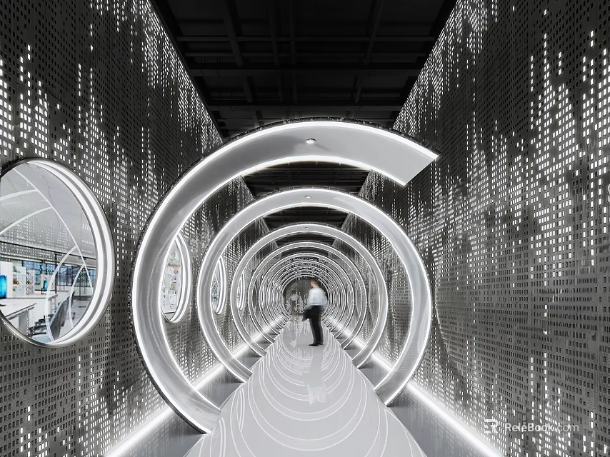 Futuristic Elevator Hallway With Illuminated LED Rings Perforated Wall Panels And Shiny White Floor 3d model 
