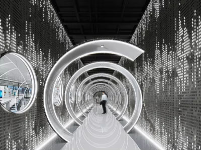 Futuristic Elevator Hallway With Illuminated LED Rings Perforated Wall Panels And Shiny White Floor 3d model