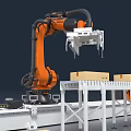 Automated Industrial Robotic Arm Handling Wooden Boxes On Conveyor Belt System