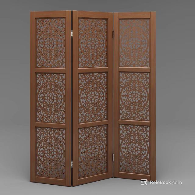Wooden Three Panel Screen With Intricate Carved Patterns For Interior Decoration 3d model