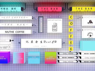 Public Facility Area With Multiple Bars Coffee Shops Art Space And Colorful Signs 3d model