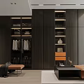Modern Walk-in Closet With Dark Wooden Cabinets Hanging Areas Folding Shelves Bench And Decorative Items