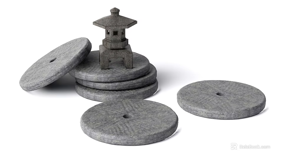 Traditional Stone Garden Ornaments With Small Lantern And Circular Slabs 3d model 