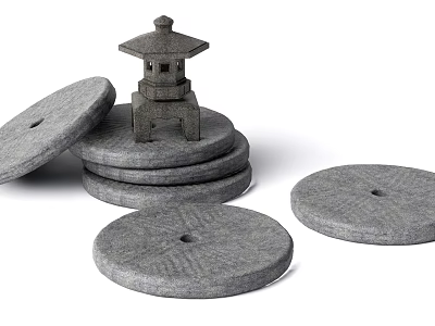 Traditional Stone Garden Ornaments With Small Lantern And Circular Slabs 3d model