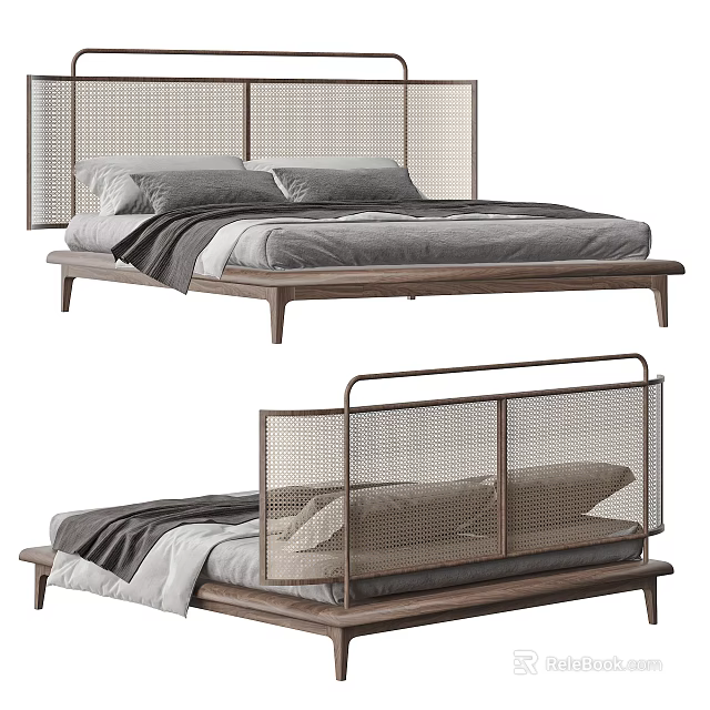 Modern Double Bed With Woven Headboard And Wooden Frame For Minimalist Bedroom 3d model 