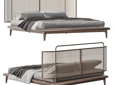 Modern Double Bed With Woven Headboard And Wooden Frame For Minimalist Bedroom 3d model