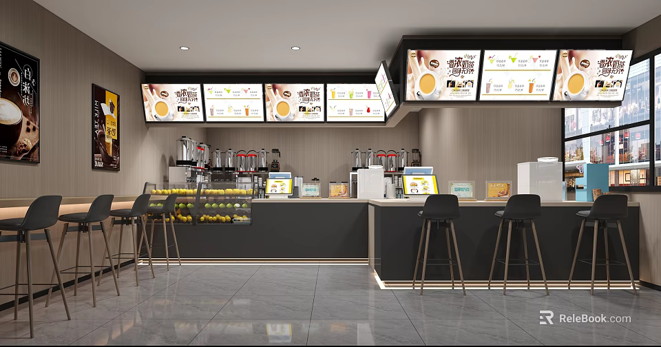 Modern Bubble Tea Shop Interior With Counter Menu Screens Fresh Fruits And Seating 3d model 