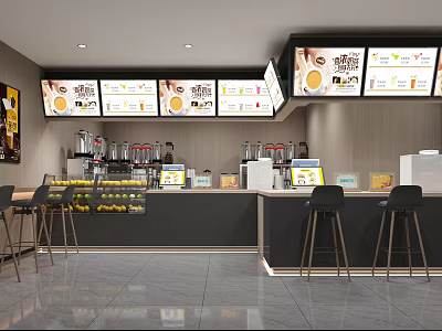 Modern Bubble Tea Shop Interior With Counter Menu Screens Fresh Fruits And Seating 3d model