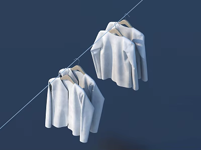 White Clean Clothes Hanging On A Clothesline Against Blue Background 3d model