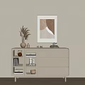 Beige Entryway Cabinet Sideboard With Drawers Grid Doors Vase Dried Grass And Wall Art