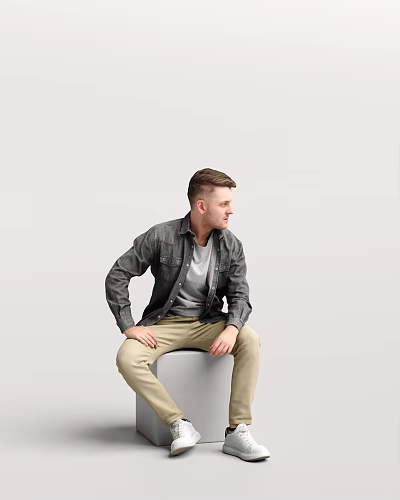 Man Sitting on White Cube in Gray Denim Jacket Gray T-shirt and Khaki Pants 3d model